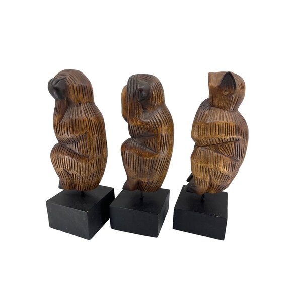 HD Wise Monkeys, 11” on Base Carved Wood Hear No Evil See No Evil Speak No Evil - Picture 4 of 12